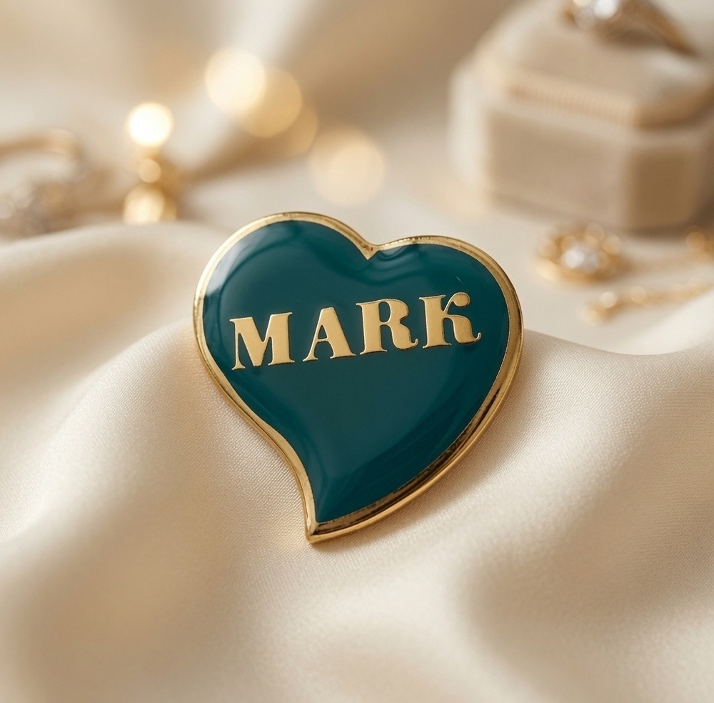 Vintage 1982 Ooh La La Inc MARK Teal Heart Name Pin Brooch Gold Tone VG